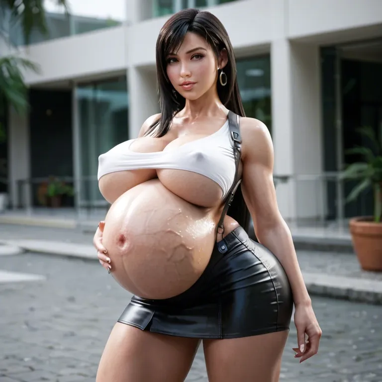 Tifa, bimbo body, pregnant belly, big veins on belly, no nipples, giant belly, belly expansion, Rapid growth, tight clothes