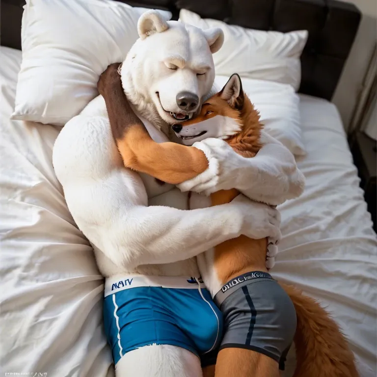 Furry only, anthro, two males, gay, Polar bear, Fox, Size difference, cuddling, hug, embrace, lying in bed, underwear only, boxers