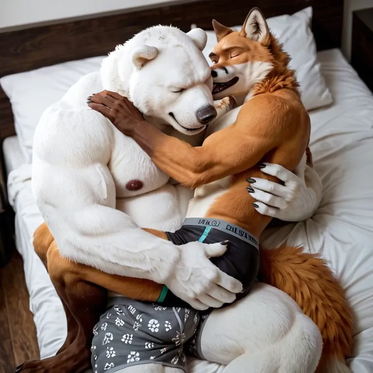 Furry only, anthro, two males, gay, Polar bear, Fox, Size difference, cuddling, embrace, lying in bed, underwear only, boxers