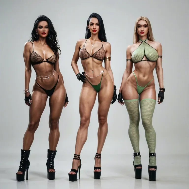 3 Girls, very skinny, very long legs, extremly platform high heels or ankle boots, highleg, red lipstick, arm bracelets, gloves, belly chain,  see-through fishnet bra, narrow waist, green micro thong up, standing, back and front view