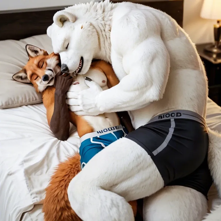 Furry only, anthro, two males, gay, Polar bear, Fox, Size difference, cuddling, embrace, lying in bed, looking at each other, underwear only, boxers