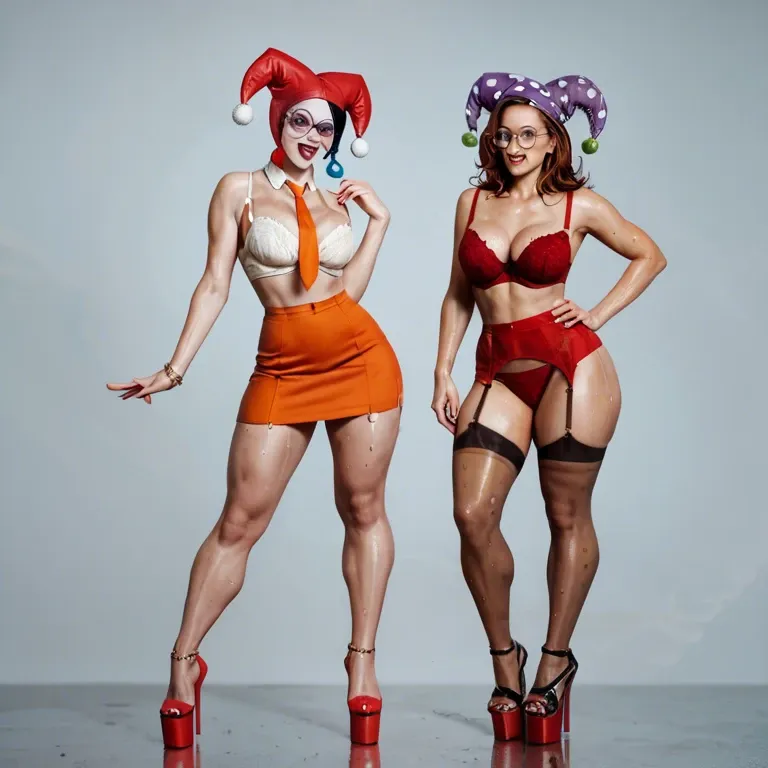 2girl, , , , chin,thick thighs,perky tits,waist,necktie, red skirt,garter belt,circle glasses,wet bra,platform heels, orange sundress,anklets,jester cap,bra,knee boots, nightdress,anklets,round glasses,white swimsuit,high heels, shower, daphne blake, spaceship, spider-gwen, waifu