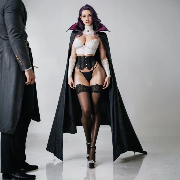 1girl,1boy, , , , machine,two-footed,round boobs,narrow waist,turtleneck, miniskirt,black leggings,cape,black panties,stiletto heels, shirtless,white lace,purple gloves,bra,ballet shoes, maid dress,fishnet thighs,red sunglasses,sexy lingerie,gothic boots, barren, spaceship, desk, realistic style, dark skin men, spider-gwen