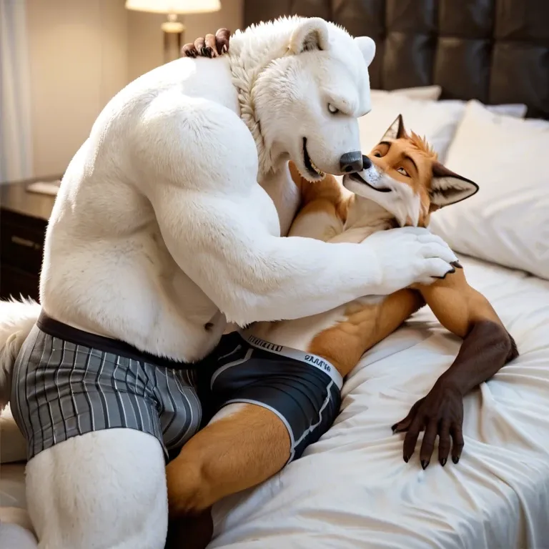 Furry only, anthro, two males, gay, Polar bear, Fox, Size difference, cuddling, embrace, lying in bed, looking at each other, underwear only, boxers