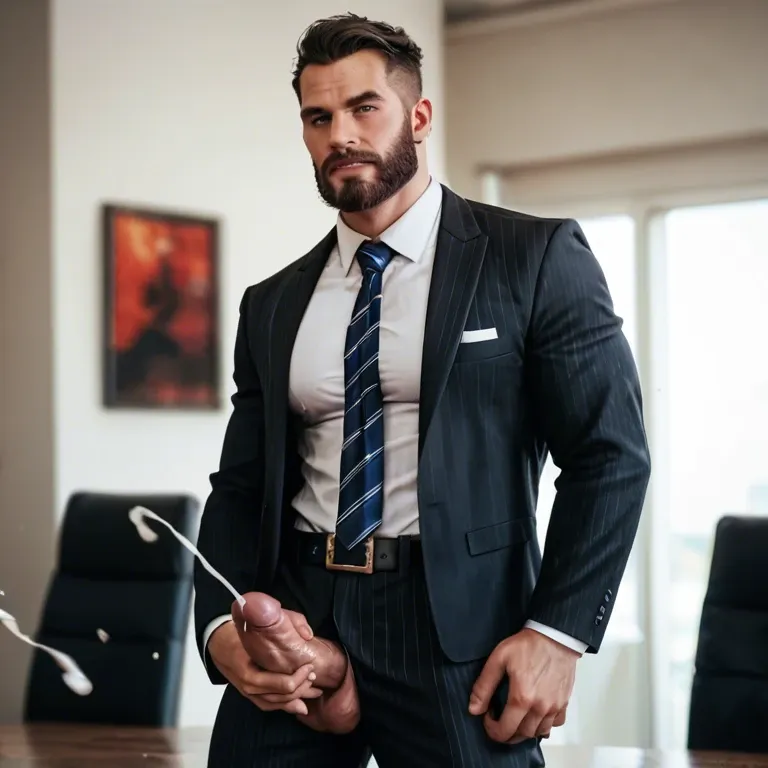 imposing flirtatious dad in standing in office stunning handsome face beard tough guy strong chin sharp focus masterpiece detailed face depth of field business suit striped tie leather belt masturbating erect cock through trousers ejaculating