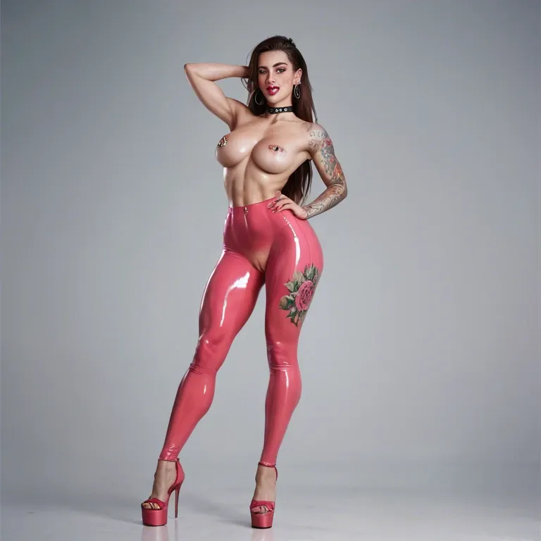 A brunette girl who is thin but fit a nice ass with medium boobs tattoos and a tongue piercing with a choker around her neck and nipple piercings full body tight pink pussy