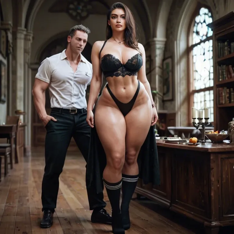 1girl,1boy, , , , arching back,knee-high socks,huge boobs,wide hip,standing up, iris,thicc thighs,firm breasts,big boobs,ankle, bewitching,two-handed,round boobs,saggy labia,purple necklace, grey shirt,purple necklace,red choker,black leotard,high heels, school uniform,laced bodysuit,hair tie,black thong,heels, street fighter, throne room, phone screen, table, ariel naked