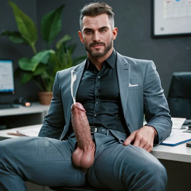 imposing flirtatious seductive man in office stunning handsome face facial hair tough guy strong chin sharp focus masterpiece detailed face detailed eyes depth of field business suit cock and balls through trousers jerking off ejaculating