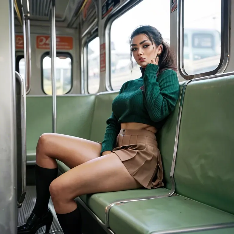 Japanese horny woman in a dark green jumper and brown skirt masturbates her clit under her underwear while sitting on a subway train