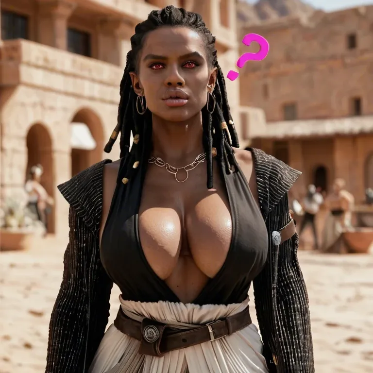 Pink question marks, (african female), (race change), hyper lips, thick lips, (african Rey Skywalker), (sith), cleavage, sagging breasts, clothed breasts, pink eyes, black dreadlocks, closeup