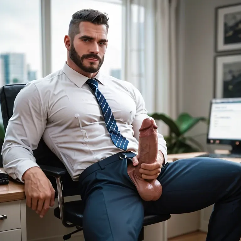 imposing flirtatious seductive man in office stunning handsome face facial hair tough guy strong chin sharp focus masterpiece detailed face detailed eyes depth of field business suit cock and balls through trousers masturbating erect cock ejaculating standing