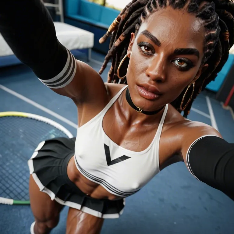 1femboy, 3d, African ethnicity, high-angle view, Nigerian cornrows,selfie, veiny black penis, arm sleeves,slim body,flat chest, muscular,tennis upskirt,big ass, veiny body,