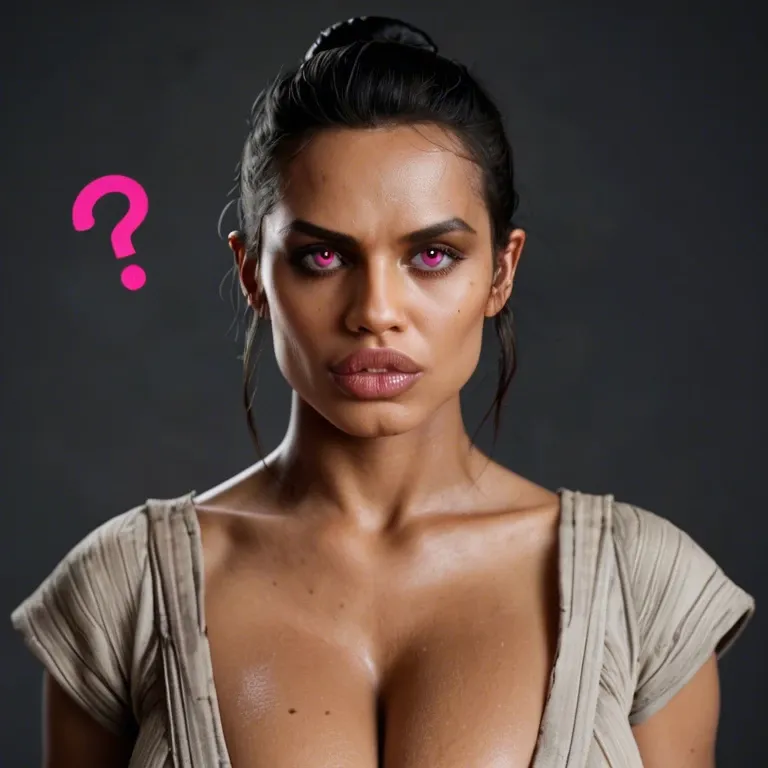 Pink question marks, (african female), (race change), hyper lips, thick lips, (african Rey Skywalker), (sith), cleavage, sagging breasts, clothed breasts, pink eyes, black hair, closeup