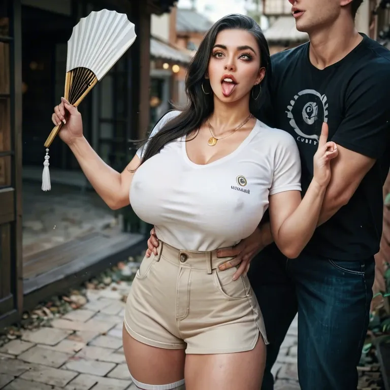 1girl,1boy, , , , tongues,hand fan,big tits,waist grab,white skin, wide-eyed,knee,huge breasts,love handles,golden necklace, t-shirt,white socks,scarf,green swimsuit,ballet shoes, showering, at the river, tavern, dildo, phone, detailed hands, bright day, spider-gwen, rapunzel waifu