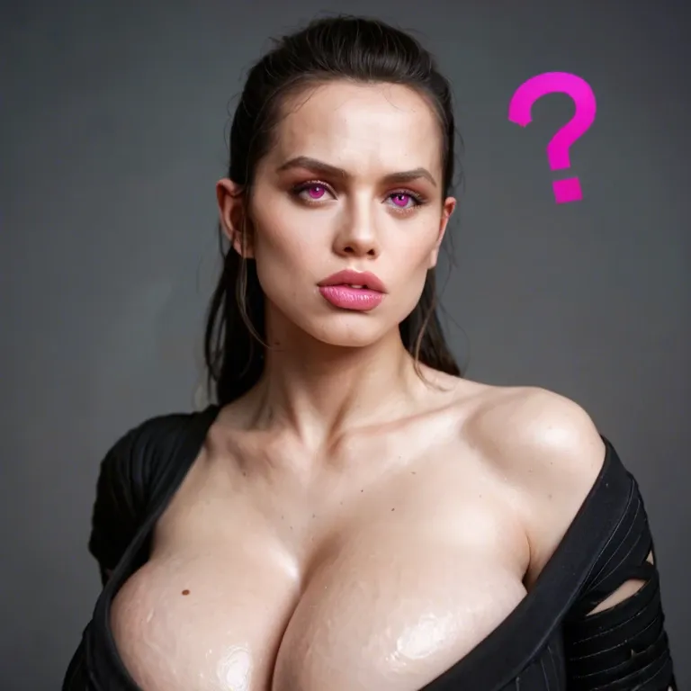 Pink question marks, (chinese female), (race change), hyper lips, thick lips, (chinese Rey Skywalker), (sith), cleavage, sagging breasts, huge breasts, clothed breasts, pink eyes, black hair, closeup