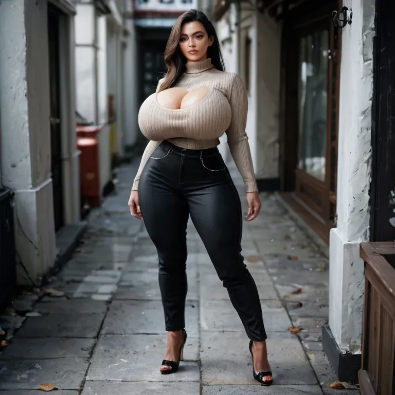 woman 50 years old, huge overflowing MM breasts fake shiny breasts, seductive, in classic pants and brown closed dark brown turtleneck, closed neck, high heels, very big bust, black long hair, with huge massive breasts, huge silicone breasts, curved body, in the kitchen, full body view, realistic photo, 8k,