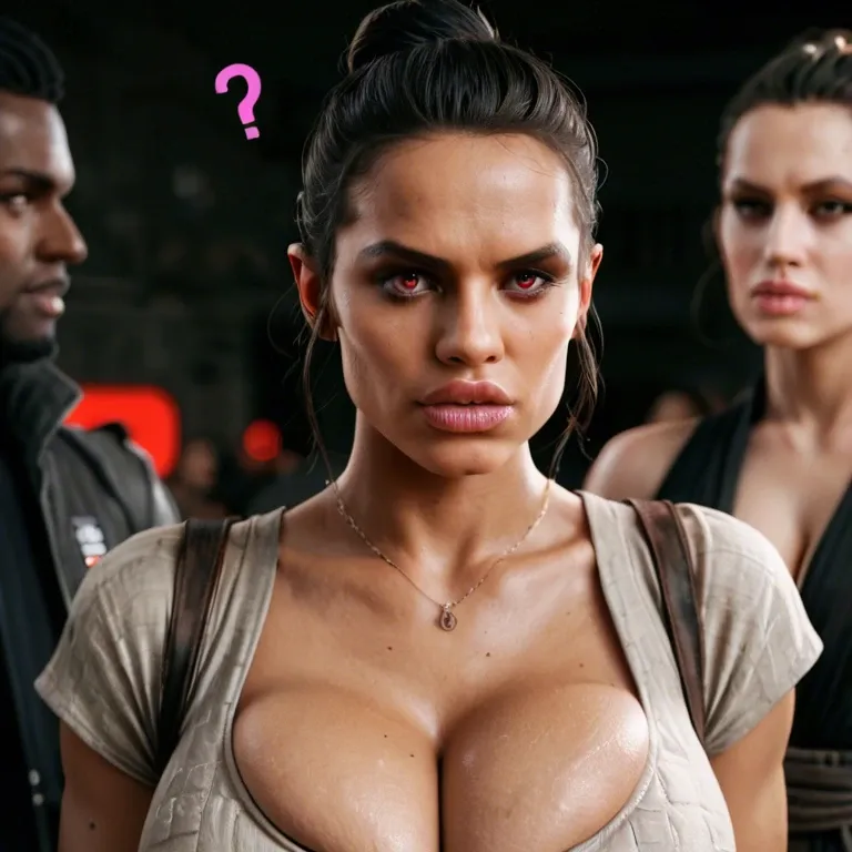 Pink question marks, (african female), (race change), hyper lips, thick lips, (african Rey Skywalker), (sith), cleavage, sagging breasts, clothed breasts, pink eyes, black hair, closeup