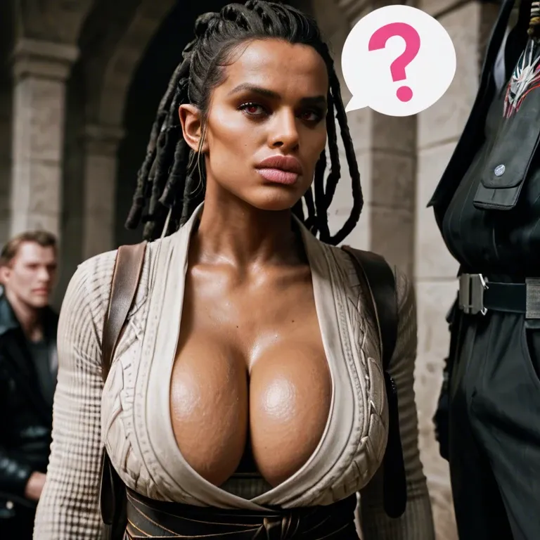 Pink question marks, (african female), (race change), hyper lips, thick lips, (african Rey Skywalker), (sith), cleavage, sagging breasts, clothed breasts, pink eyes, black dreadlocks, closeup