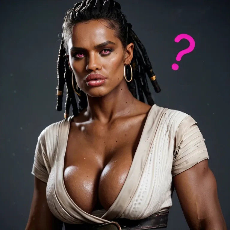 Pink question marks, (african female), (race change), hyper lips, thick lips, (african Rey Skywalker), (sith), cleavage, sagging breasts, clothed breasts, pink eyes, black dreadlocks, closeup