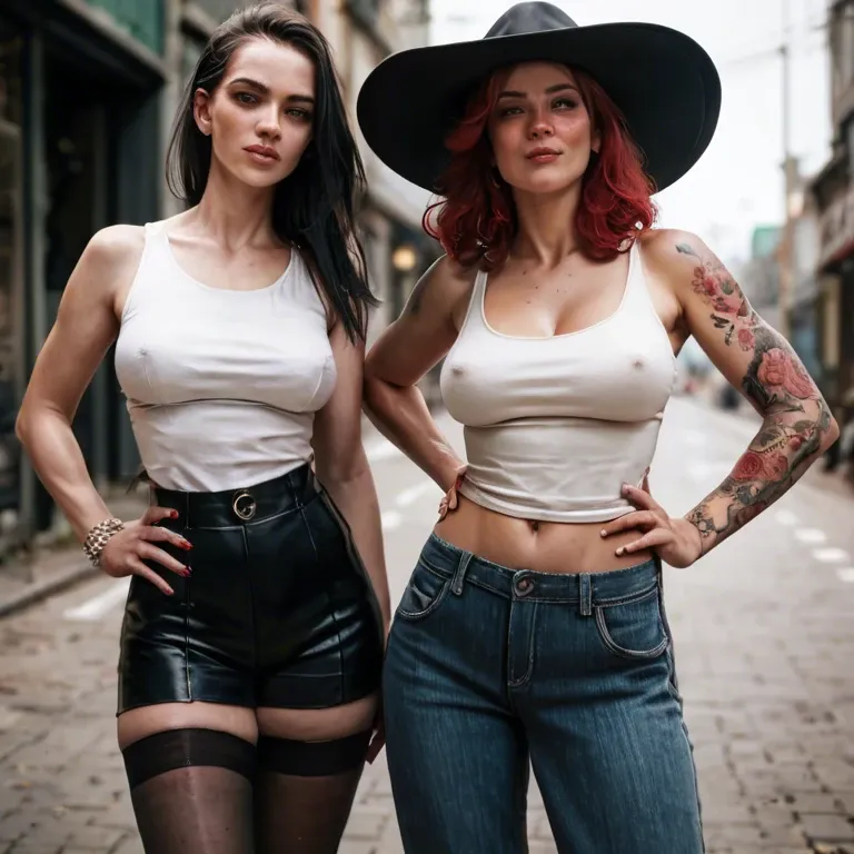 2girl, , , , thin nose,arm tattoos,round tits,grabbing hips,knees, nose blush,handgun,saggy boobs,waist,on elbows, tank top,black stockings,black hat,red corset,platform heels, living room, dark alley, medieval, detailed art, dark roots, miku