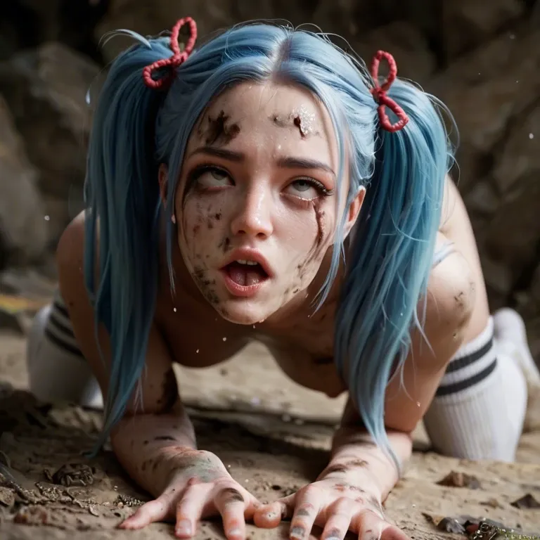 Yong teen slender cute girl, with white skin, with light-blue hair, with pigtails, with narrow waist, moans, rolling eyes, dirty, in high socks, crawls on all fours in a dirty pigsty, LONG TENTACLES WITH CUM STUCK INSIDE HER ASS