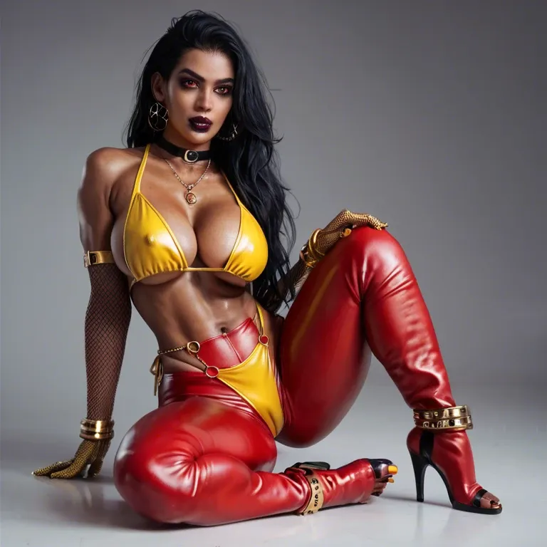 1girl,solo, , , , strong jaw,five toes,saggy breast,large hips,very dark skin, red tight pants,gold anklets,fishnet gloves,mini bikini,gothic boots, yellow tank top,golden necklace,belts,sexy lingerie,armored boots, palace bedroom, parking, spaceship, tifa lockhart, elsa