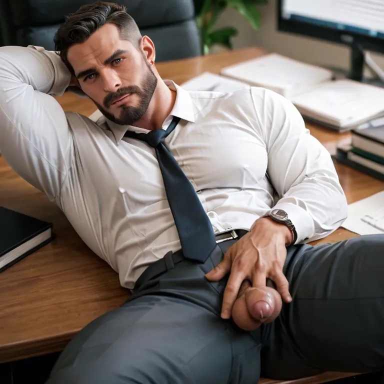 imposing flirtatious seductive man in office stunning handsome face facial hair tough guy strong chin sharp focus masterpiece detailed face detailed eyes depth of field business suit cock and balls through trousers lying on desk jerking off ejaculating