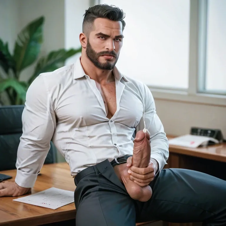 imposing flirtatious seductive man in office stunning handsome face facial hair tough guy strong chin sharp focus masterpiece detailed face detailed eyes depth of field business suit cock and balls through trousers masturbating erect cock ejaculating