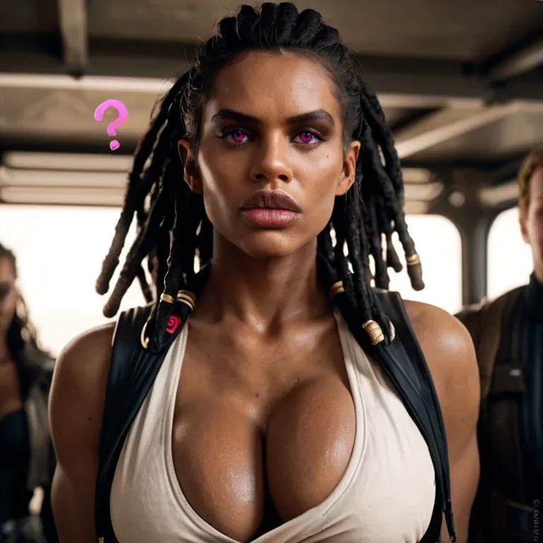 Pink question marks, (african female), (race change), hyper lips, thick lips, (african Rey Skywalker), (sith), cleavage, sagging breasts, clothed breasts, pink eyes, black dreadlocks, closeup