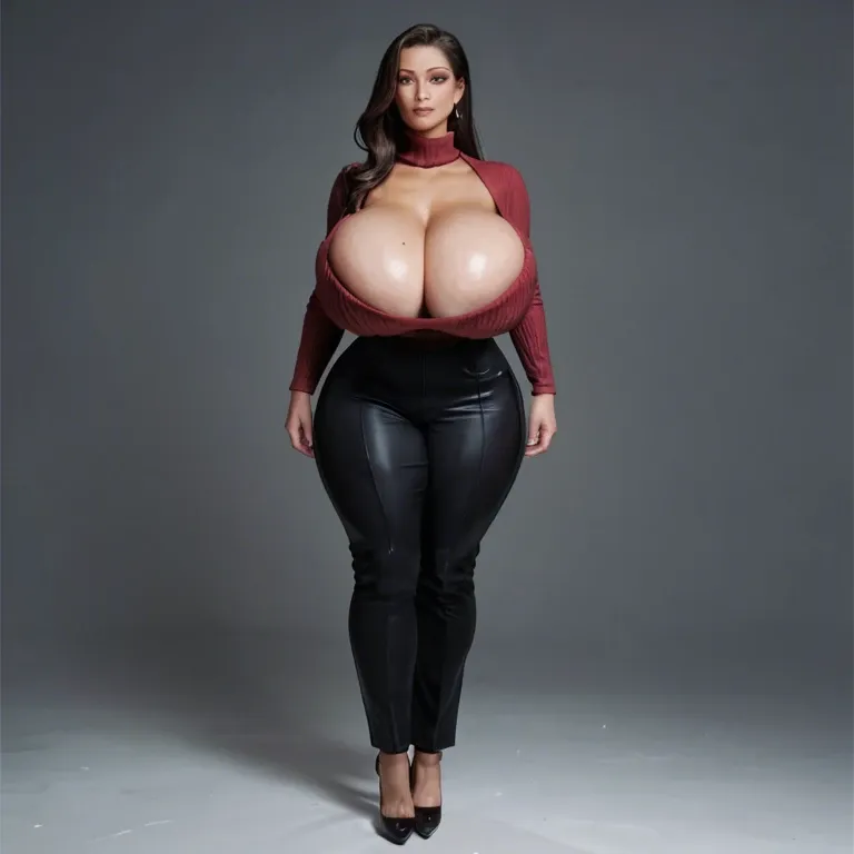 woman 50 years old, huge overflowing MM breasts fake shiny breasts, seductive, in classic pants and brown closed dark brown turtleneck, closed neck, high heels, very big bust, black long hair, with huge massive breasts, huge silicone breasts, curved body, in the kitchen, full body view, realistic photo, 8k,