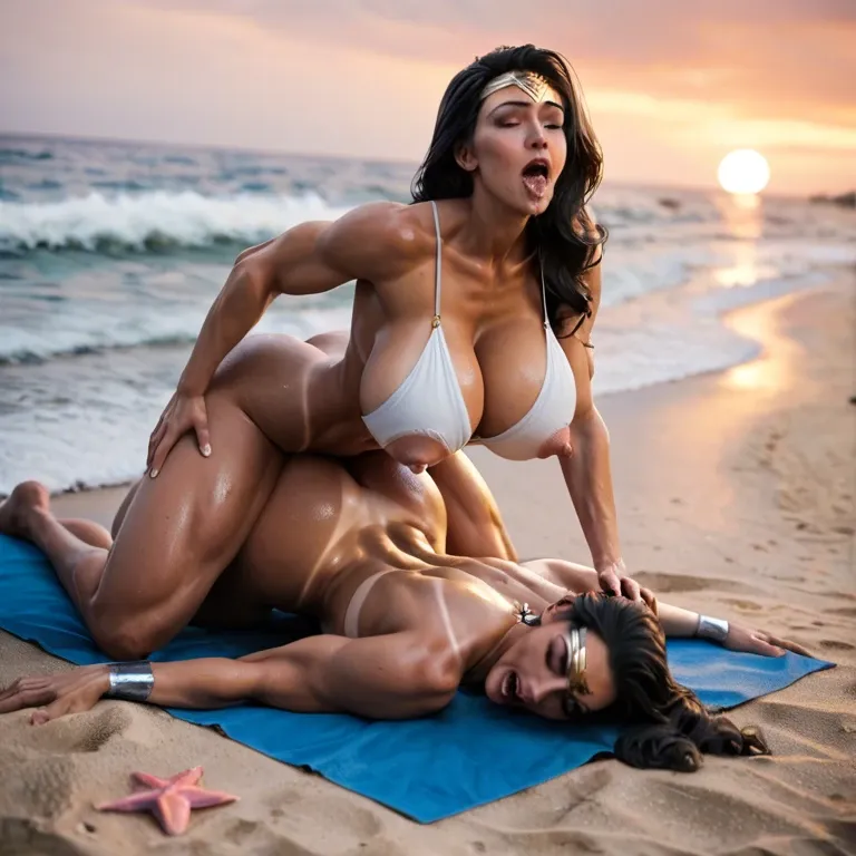 1futanari, wonder woman, tanlines, orgasm mouth, on hands and knees, legs spread, beach, sunset, huge breasts, puffy nipples visible, brutally penetrating anal fucking,from behind, looking back impossible fit, enormous ass stretching hyper penis, too big for her ass, ass full of cock visible, shaft entirely up her ass,sweat soaked bodies, dark skin, slim waists/thighs