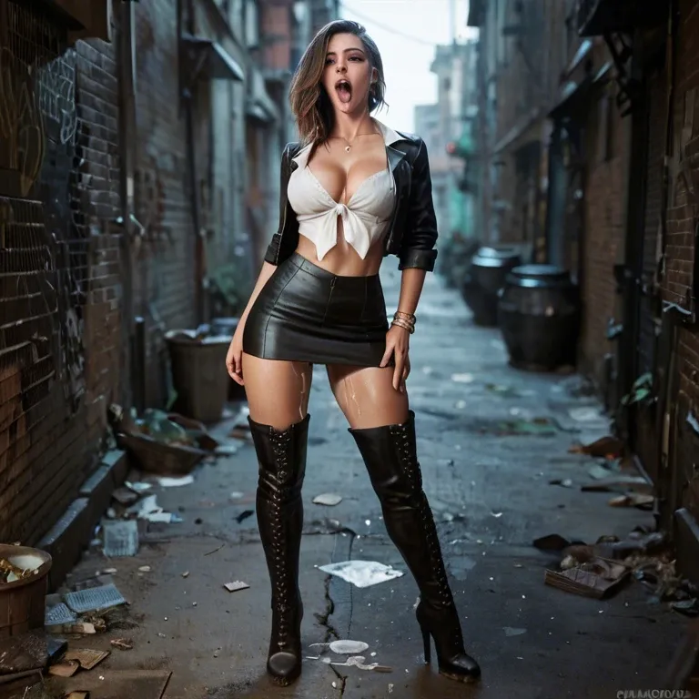 woman, prostitute, cleavage, miniskirt, hiked up skirt, no panties, thigh high boots, in dark alley, medium breasts, standing, facing away, pov, ahegao, after anal sex, cum leaking, detailed face, detailed eyes