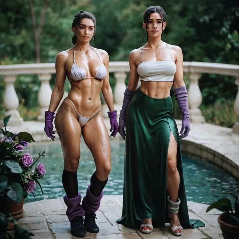 2girl, , , , high cheekbones,warmers,saggy boobs,low waisted,shoulders, dark green gown,black leggings,purple gloves,wet bikini,shoes, white crop top,leg warmers,black gloves,orange leotard,black boots, baroque, on the beach, cyberpunk, anime a, well-lit, zelda, wonder woman, dynamics