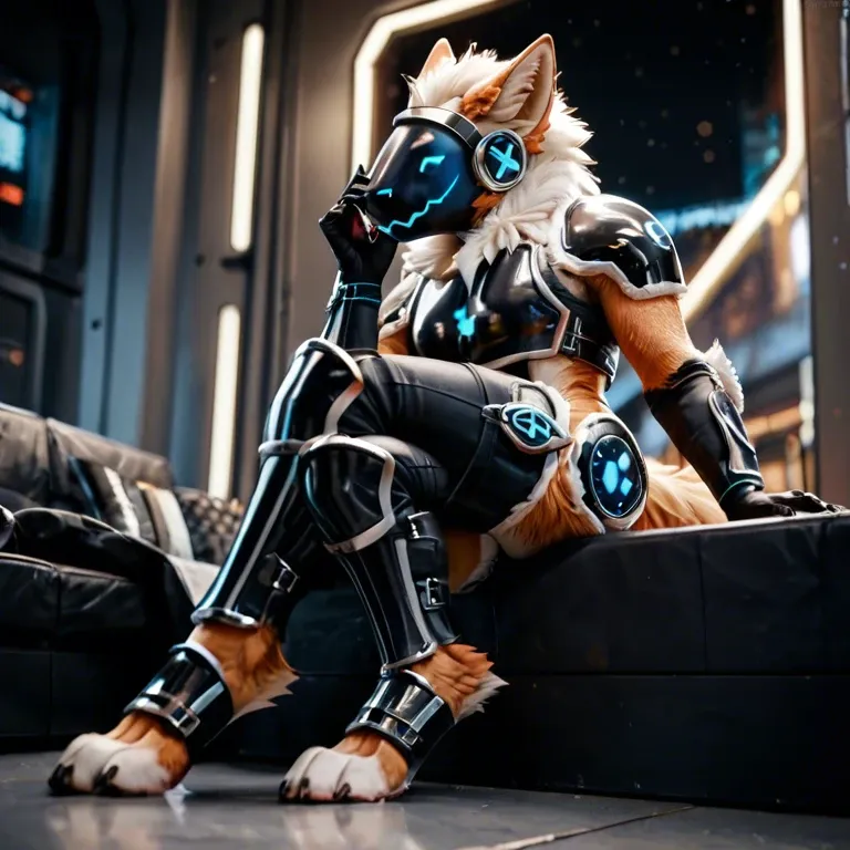 Furry, anthro, full body,  furry protogen, male only, future military armor, black armor , dominant pose ,Foot sniffing,  gay femboy