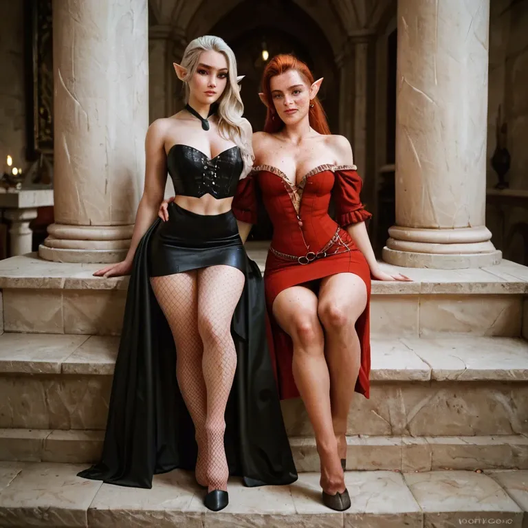 2girl, , , , chin,fishnet thighs,perky boobs,round chest,off shoulder, freckled breast,hooves feet,whore cleavage,slender waist,bare shoulders, slit skirt,elf palace,tie,teddy,sneakers, bare tits, streets, spaceship, europe, tifa lockhart, spider-gwen