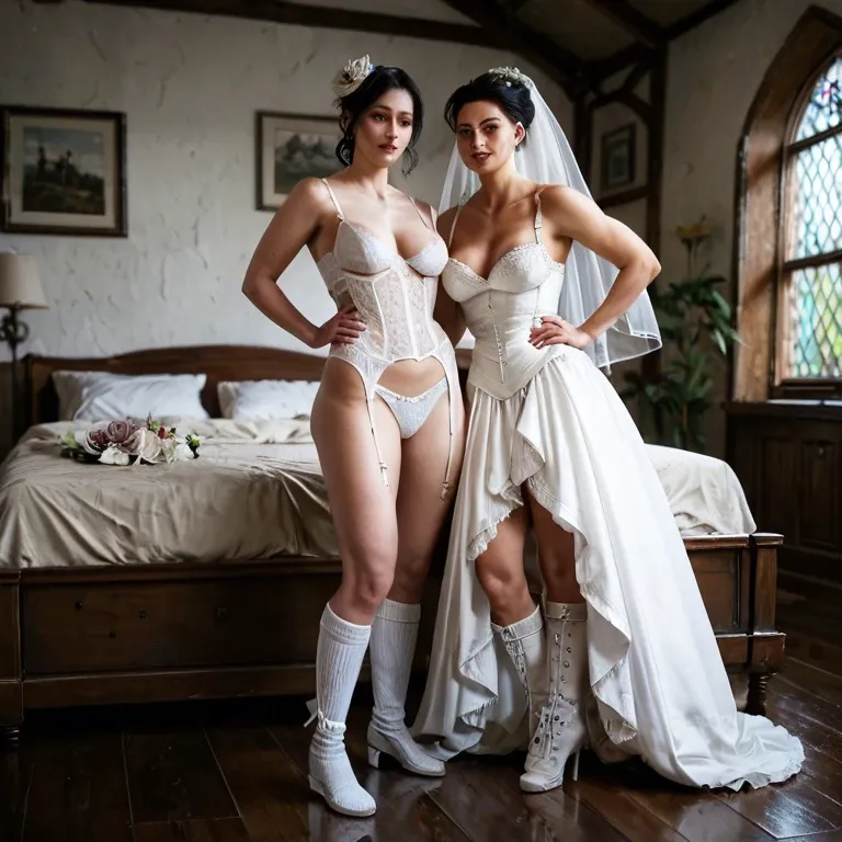 2girl, , , , touching body,hands on hips,saggy boobs,torso grab,thin ankle, wedding dress,baggy socks,garrison cap,white lingerie,gothic boots, inside bedroom, medieval prison, dildo, anime, bright day, 2 boys, waifu