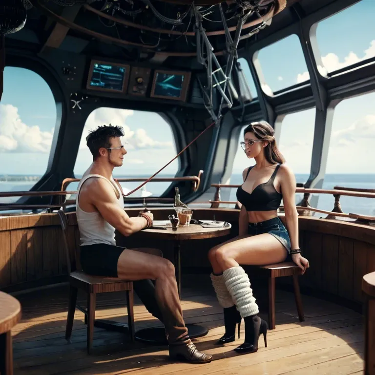 1girl,1boy, , , , mole under eye,leg warmers,round breasts,ship,shoulder, tank top,knee-high socks,round glasses,black bra,high heels, field, spaceship, table, leash, western cartoon, bright-lit room, wonder woman