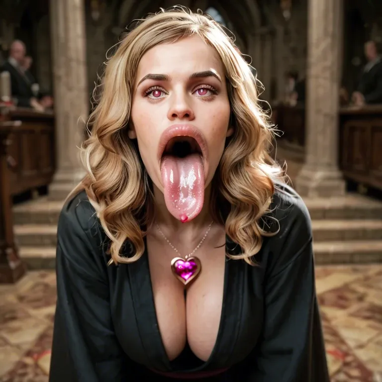 pink question marks, hyper lips, hyper mouth, gaping mouth, tongue out, hyper tongue, (Hermione Granger), Hogwarts, black school robe, cleavage, blonde hair, pink eyes, pink heart amulet