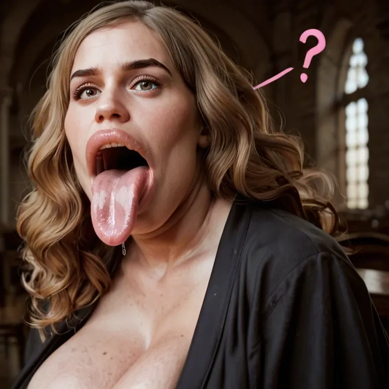 pink question marks, hyper lips, hyper mouth, gaping mouth, tongue out, hyper tongue, (Hermione Granger), Hogwarts, black school robe, cleavage, sagging breasts, obese