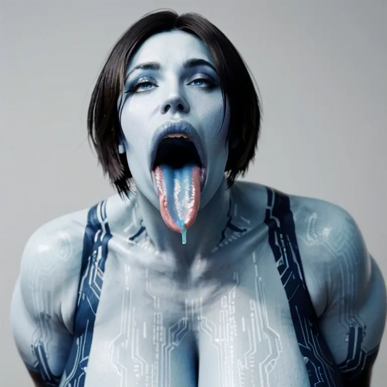 hyper lips, hyper mouth, gaping mouth, tongue out, hyper tongue, blue tongue, blue skin, (cortana), cleavage, sagging breasts, dark nipples, obese