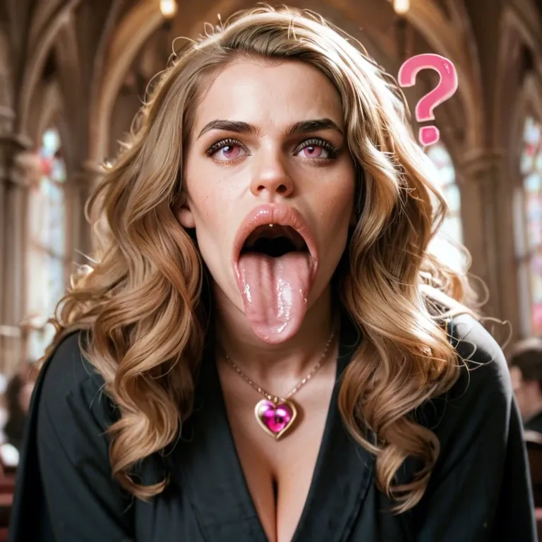 pink question marks, hyper lips, hyper mouth, gaping mouth, tongue out, hyper tongue, (Hermione Granger), Hogwarts, black school robe, cleavage, blonde hair, pink eyes, pink heart amulet