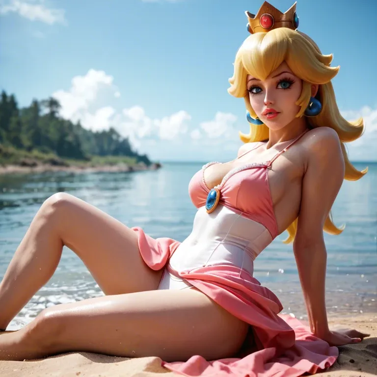 Princess peach from Mario sits by a lake feeling horny in her dress and rubbing her white underwear in the sand