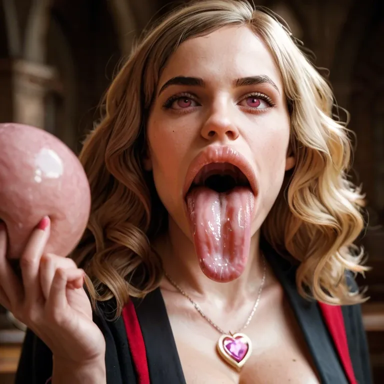 pink question marks, hyper lips, hyper mouth, gaping mouth, tongue out, hyper tongue, (Hermione Granger), Hogwarts, black school robe, cleavage, blonde hair, pink eyes, pink heart amulet