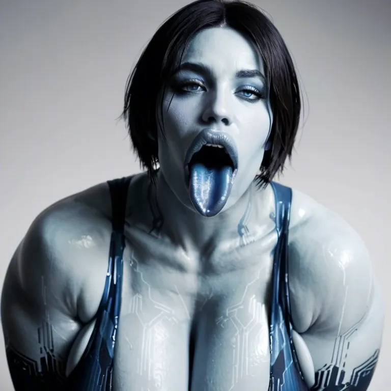 hyper lips, hyper mouth, gaping mouth, tongue out, hyper tongue, blue tongue, blue skin, (cortana), cleavage, sagging breasts, dark nipples, obese