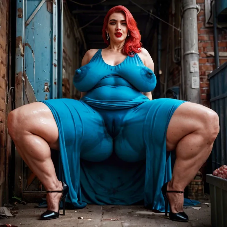 red-haired hairy milf in blue dress, huge sagging boobs, huge covered nipples, fat hairy camel toe , gross alley, dumpster tentacle mimic, disgusting tentacles