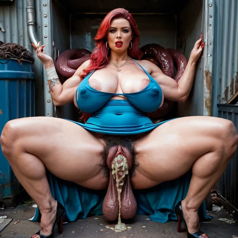 red-haired hairy milf in blue dress, huge sagging boobs, huge covered nipples, fat hairy pussy ,  dirty smegma alley, dumpster tentacle monster,  excessive smegma tentacles , testicles ripping clothes and wrapping around