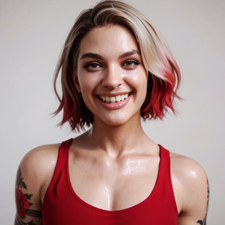 1femboy, 3d,white paled,bob hair, brunette dyed blonde hair, skinny,arm tattoos,deep nose bridge, large nose, cute,red top, veiny penis,big upper teeth, big smile,high-angle, selfie,