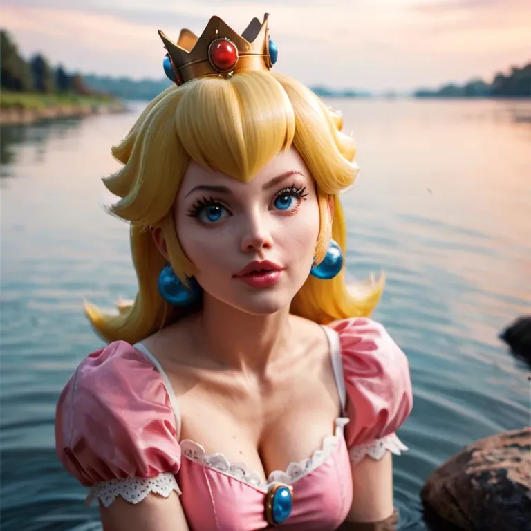 Princess peach from Mario sits by a lake feeling horny