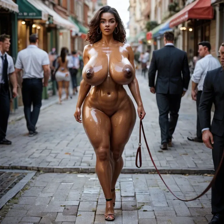 1 girl, 1 man, very dark skin, walking on leash, on all four, in public, naked, extremely hardcore seductive look, extremely beautiful face, naked, oiled skin, extremely detailed face and dark nipples, gigantic round natural breasts, slut, showing tits, grabbing wet pussy lips, body writing