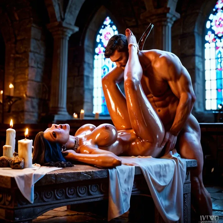 1 girl, 1 man, dark ritual, dark coven, candles, women in robes standing arround, young supermodel girl, extremely beautiful face, extremely detailed face and skin, on stone table, oiled skin, missionary fucking by man, impregnation, showing extremely gigantic round natural breasts, showing wet pussy, slightly arroused, grabing tits